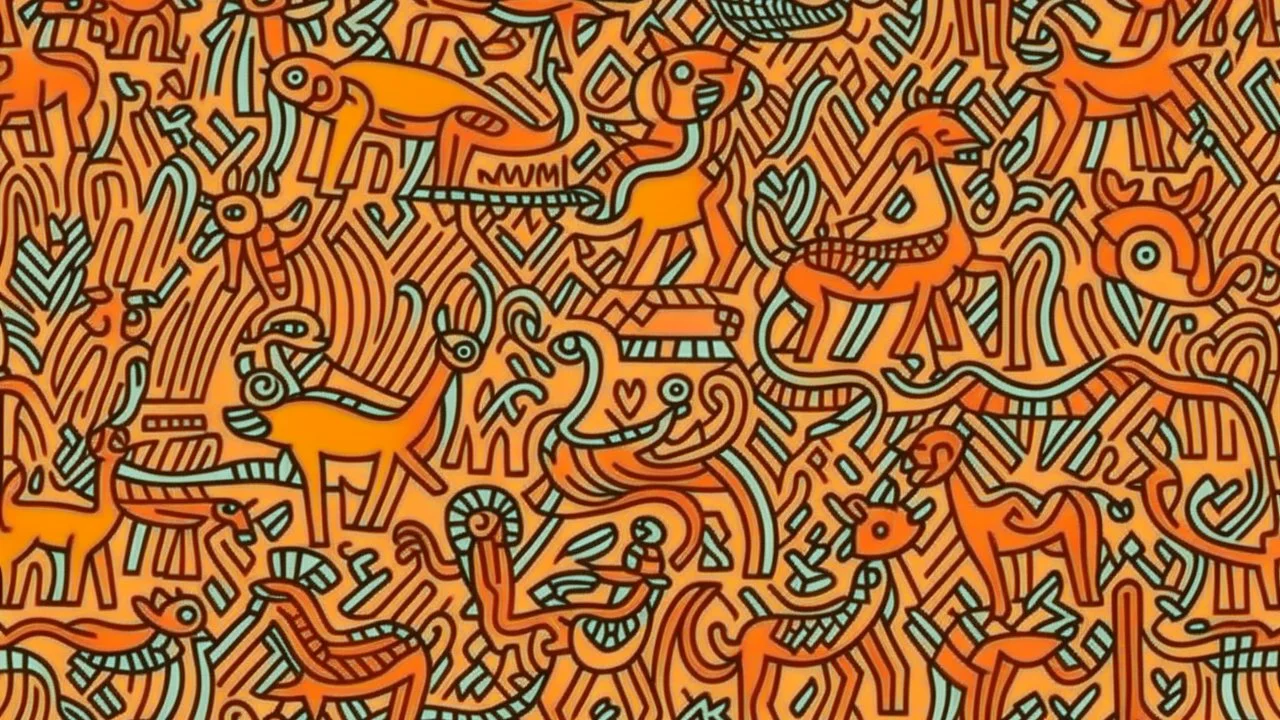 A light rosy orange color savanna filled with animals painted by Keith Haring