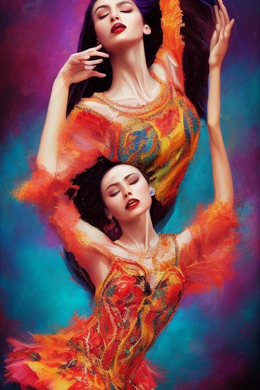 A lively portrait of a flamenco dancer, passionately performing in a vibrant, flowing dress, with the rhythm of castanets and the strumming of Spanish guitars in the air.