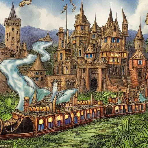 A magical canal city of wizards, witches and warlocks with a castle sir John Tenniel style