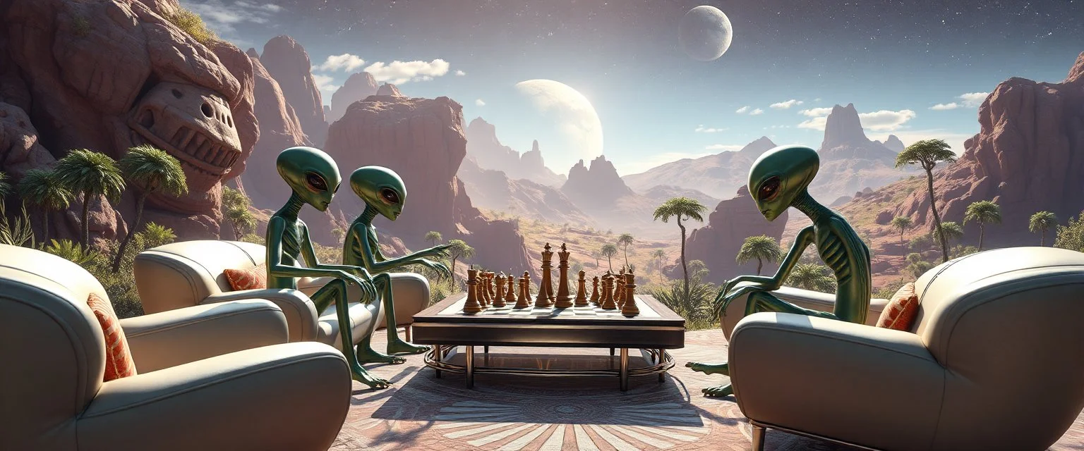 aliens playing chess in lounge on beautiful lush planet