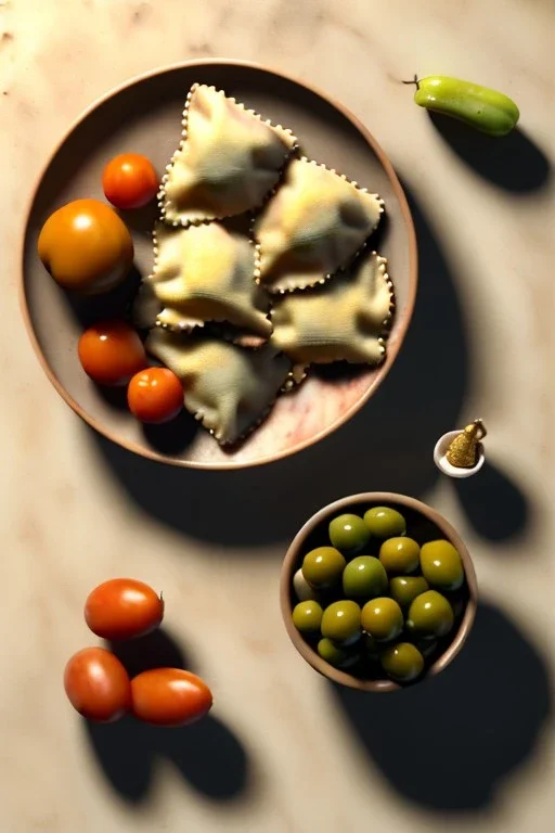 Ravioli dish by renaissance style still life with natural tomato, albahaca, olives, olive oil. moisture, art, natural, ornaments, marble, gold, high kitchen, smooth, gradient color background, unreal engine 5, ray tracing, RTX, lumen lighting, ultra detail, volumetric lighting, 3d.