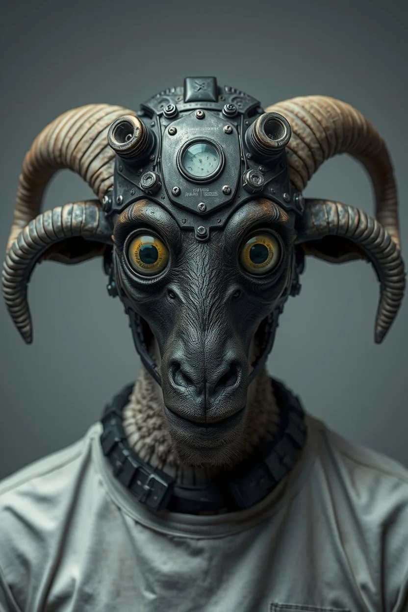 a portrait of a broken head mechanic, man is eating a hybrid mixed body part sheep, giant eyes sheep alien style H.R giger look