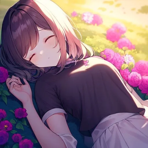 anime girl sleeping in a far away distant field of flowers