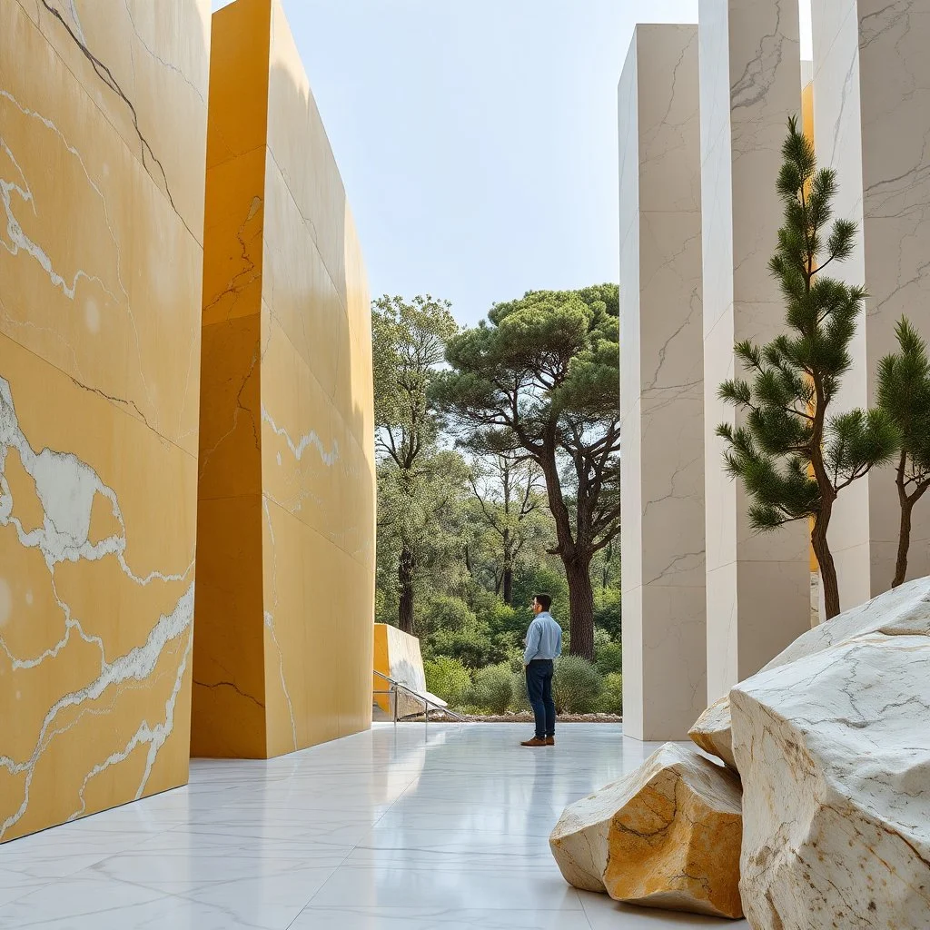 Un'immagine di un paesaggio naturale con marmi gialli, imponenti, accanto a strutture artificiali verticali e alberi. Queste strutture sembrano blocchi rettangolari, come colonne di grafite, che creano un contrasto tra il naturale e l'artificiale. Persona osserva. bianco con venature e solchi. Pavimento di marmo. La scena trasmette un senso di dialogo tra elementi organici. Dettagli degli specchi e delle rocce molto accentuati