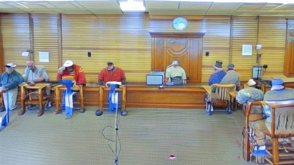 fishing club in courtroom on trial