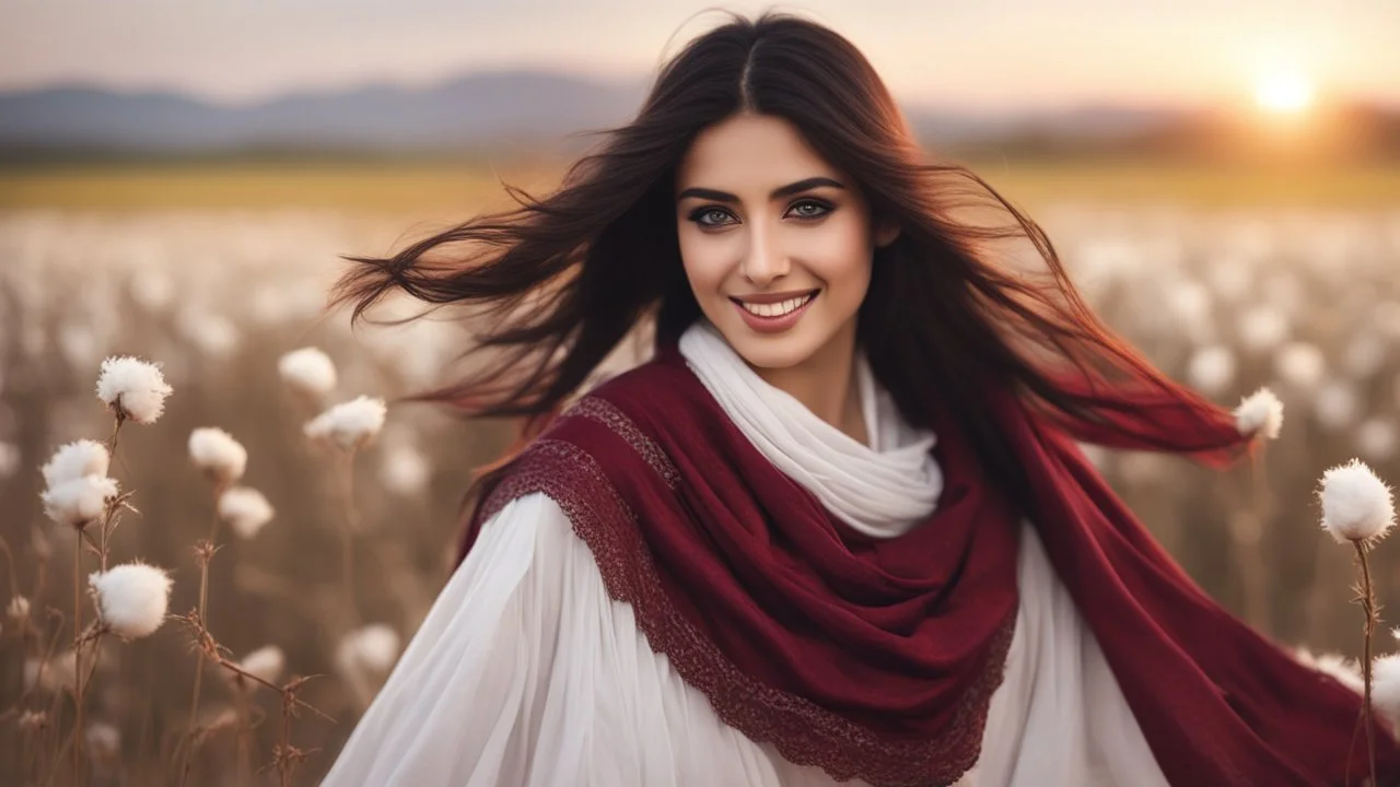 Hyper Realistic Close-up-view of a Beautiful-Young-Happy-Pashto-Woman-with-beautiful-eyes-Smiling with long-black-hair-&-white-dress-with-maroon-shawl & breeze-whirling in a cotton-field & cloudy-sunset showing dramatic & cinematic ambiance