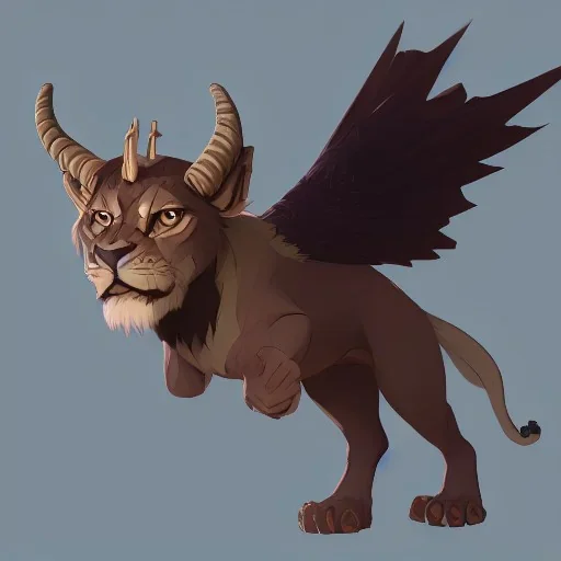 Lion cub gargoyle with goat horns and wings on its back Nick Harris style