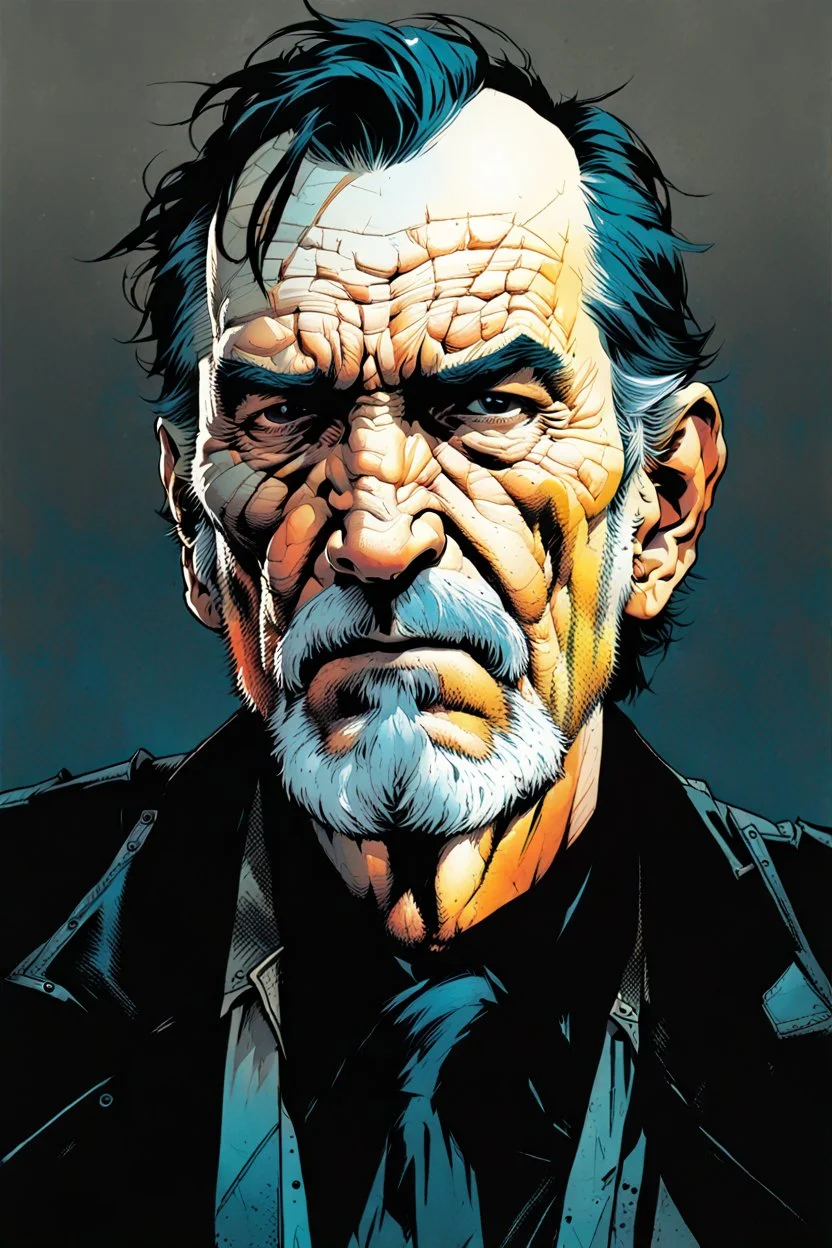 create a full body portrait illustration of a raggedly dressed derelict , with highly detailed and deeply cut facial features, in the comic art style of FRANK MILLER and BILL SIENKIEWICZ, searing lines and forceful strokes, precisely drawn, boldly inked, with gritty textures, vibrant colors, dramatic otherworldly lighting