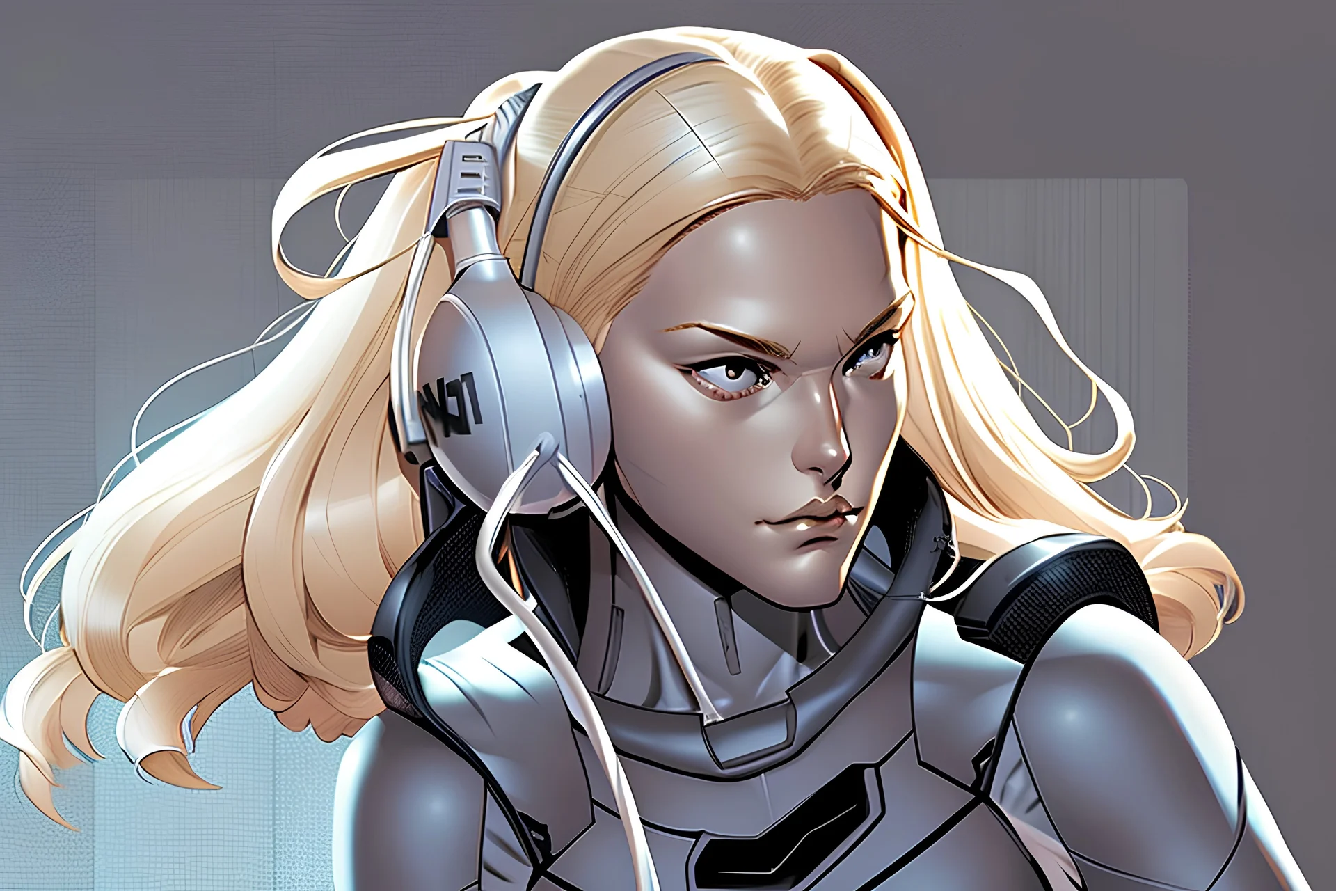 a blonde, white woman with a headset who is sitting down typing on a laptop, graphic novel, highly detailed in the comic style of travis charest,