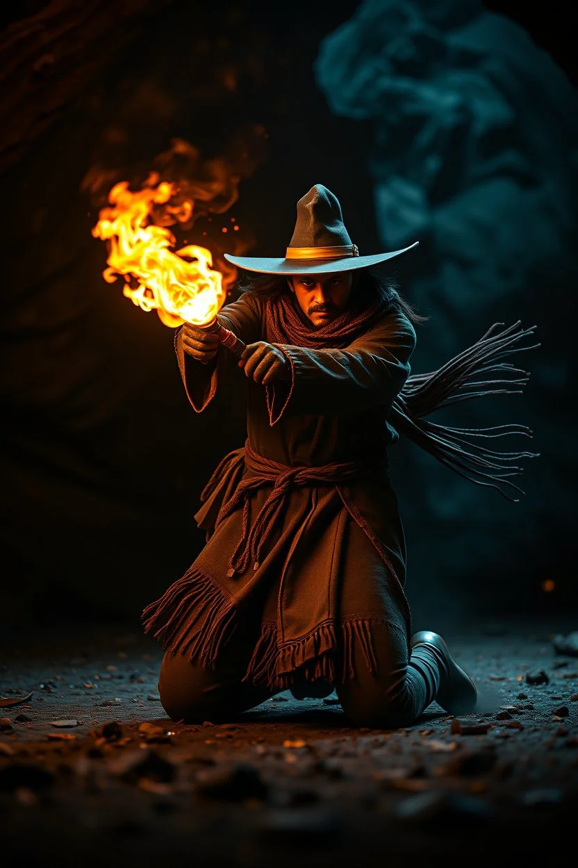 magic swirl, strong winds, true grit, Mexican native stand off fast draw poncho cowboy wizard on knees hurt punching fire ball whip while taking sight wand slinger, in dark cave ,bokeh like f/0.8, tilt-shift lens 8k, high detail, smooth render, down-light, unreal engine