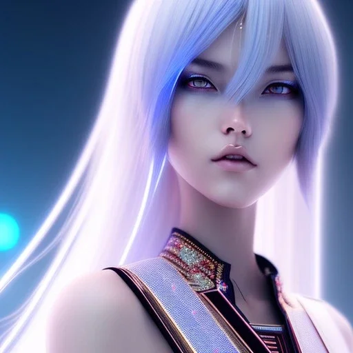 teenager, Cyborg samurai, cyberpunk, white skin, light blue hair, geisha hairstyle, cobalt eyes, waist up portrait, 8k resolution, retroanime, intricate details, neon details, soft lighting, vibrant colors, masterpiece, intricate eyeliner, dark eyeshadow, eyes, intricate tattoos, gradient background