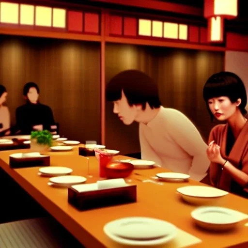 Escena de restaurante japonés lleno de personas comiendo, foto realismo, estilo blade runner.