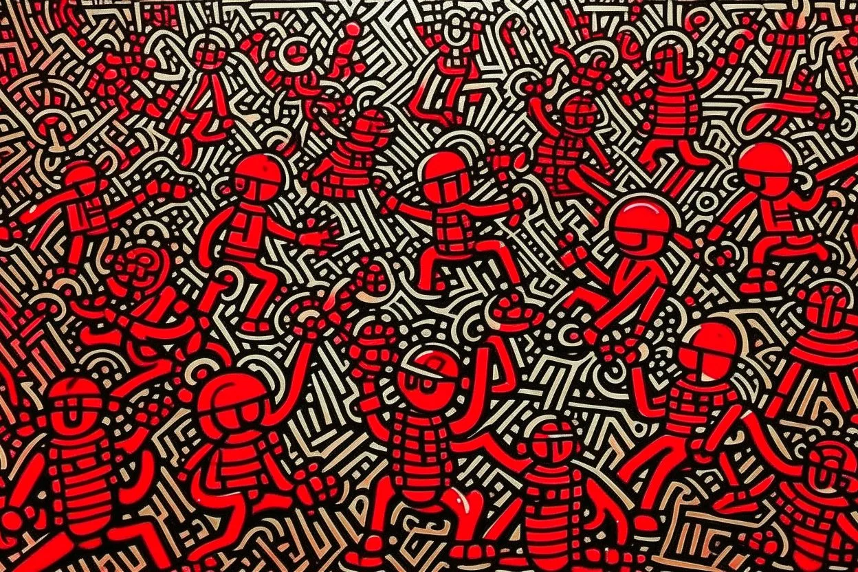 A dark red festival with bells painted by Keith Haring