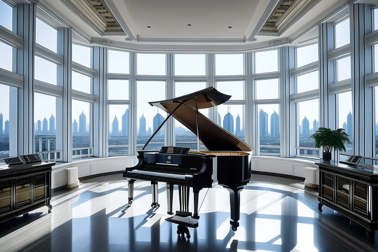 large room on the top floor of the building, with large windows through which you can see the city's skyscrapers. In the white room there are columns every twenty meters. In the center of the room there is a piano, also white, with an elderly man playing a melody and dressed in a tuxedo. A top hat on the piano. In front of the piano is a large mirror in which a figure is reflected, also wearing a tuxedo but with the face of a skull from which worms come out of the nose, eyes and ears and from th