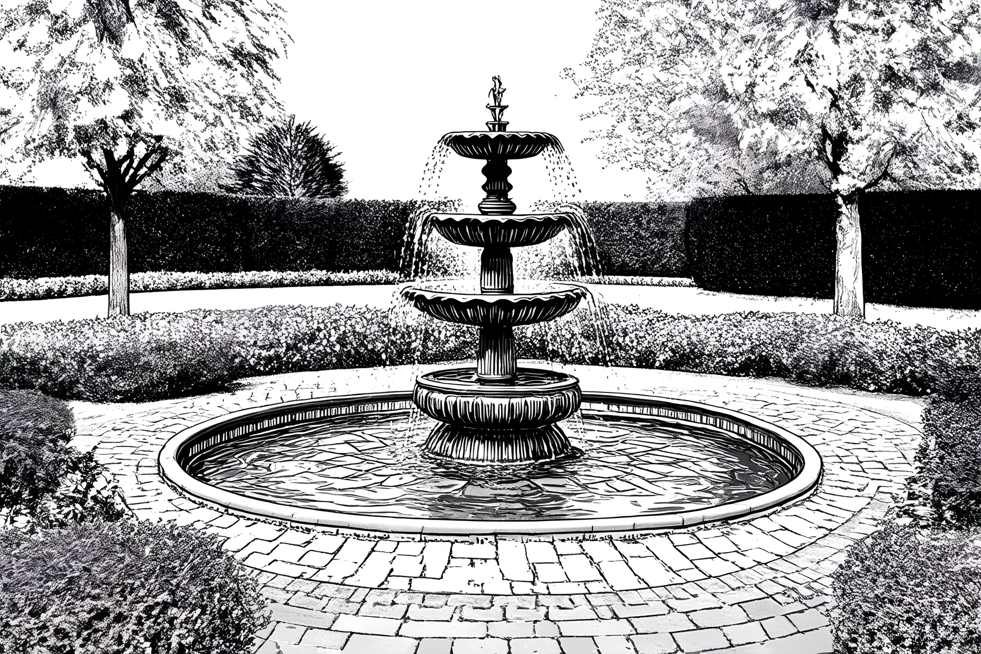 coloring page black and white sketch fountain in a garden with brick path around it no background no trees no shrubs