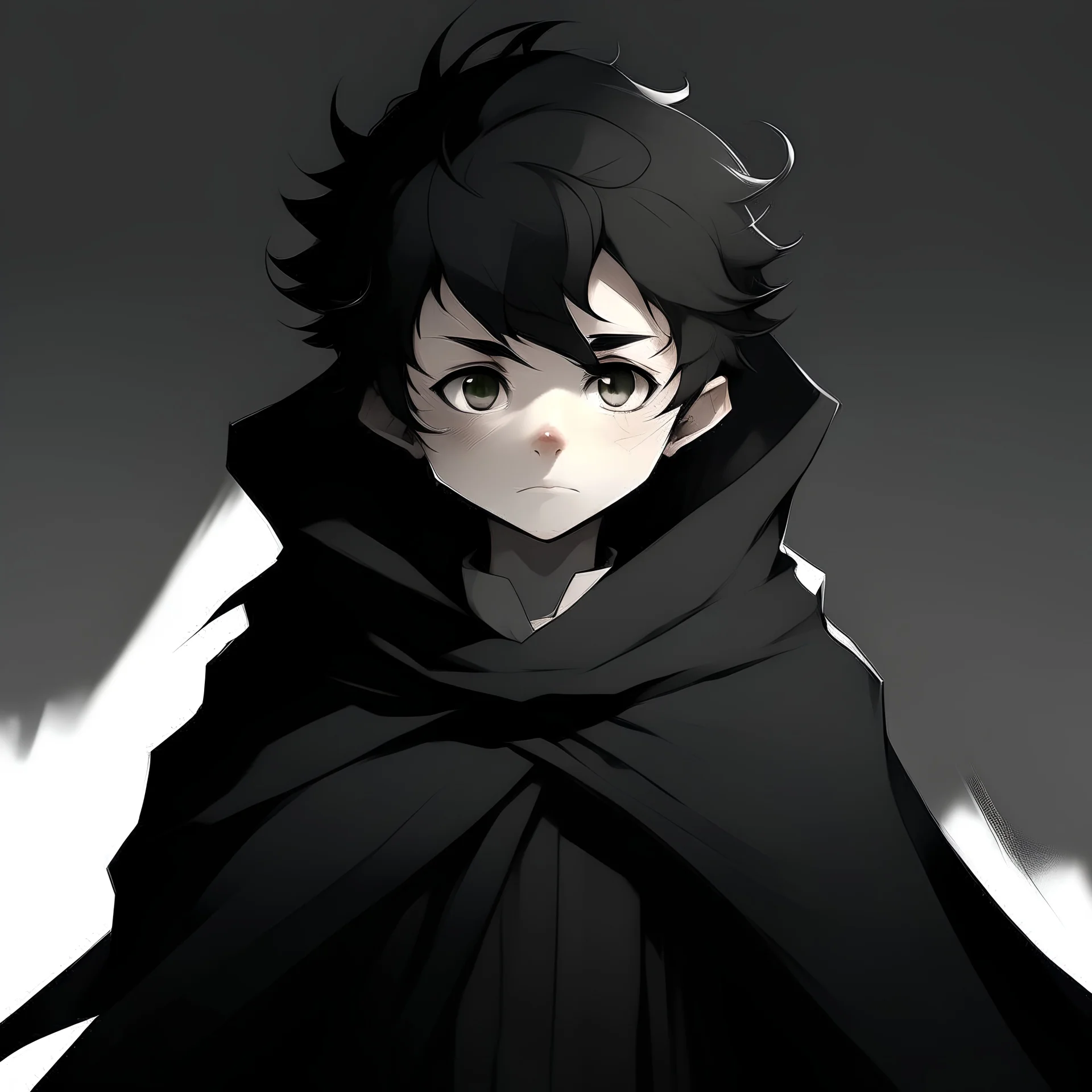 Animated boy with white skin, short and messy hair that is black with white streaks through it, wearing black cloak