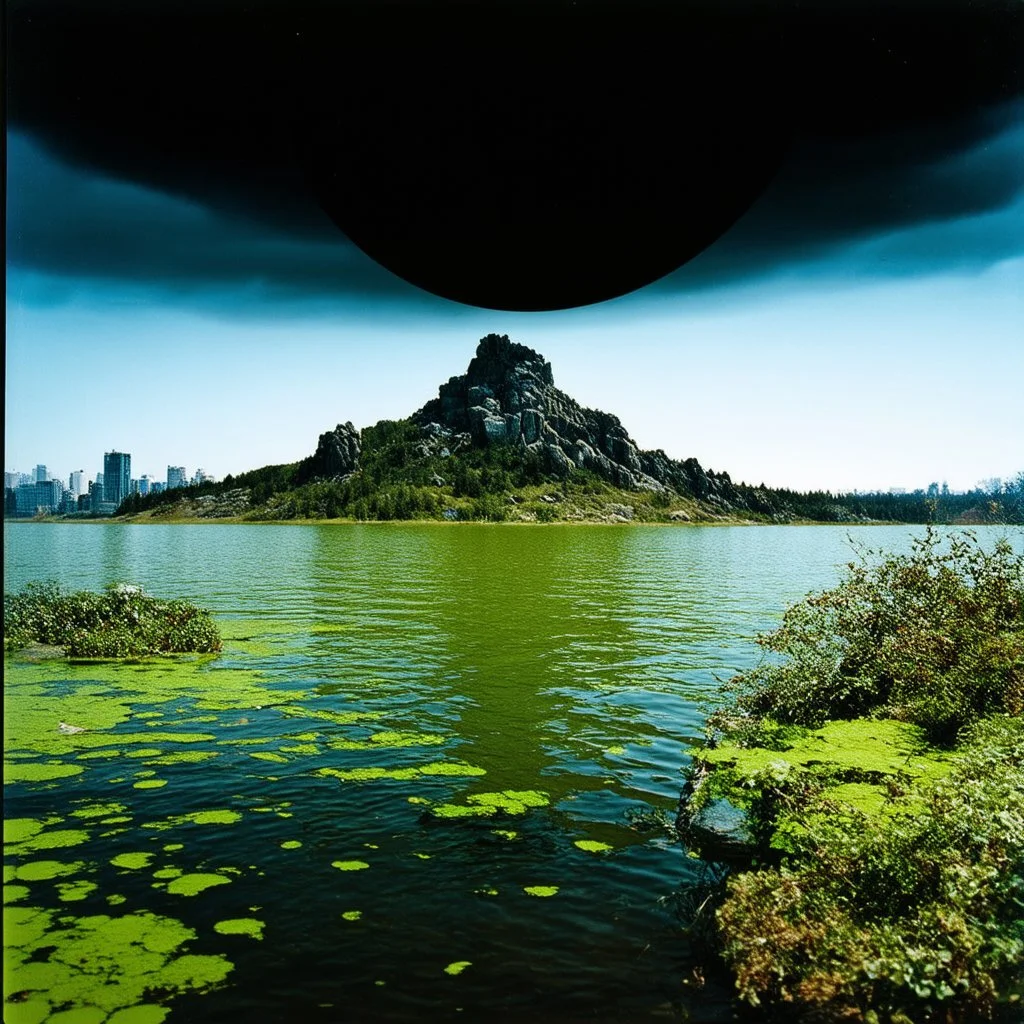 Sublime foto close-up polaroid ad alta definizione di una montagna rocciosa, un lago, surreale, colors, cityscape scifi, collage art, dadaism, sublime, splimapys nero, cielo nero, acqua nera riflette un sole nero, macabre piante circondano il lago, alghe, hypermaximalist, Max Ernst style, strangeness, intricate, hypnotic, obsessive, Yves Tanguy, 8k, deep 3d field, very accentuated details of the rocks and sht frn, eerie, artistic photo, shot on Hasselblad, large format film, medium format film