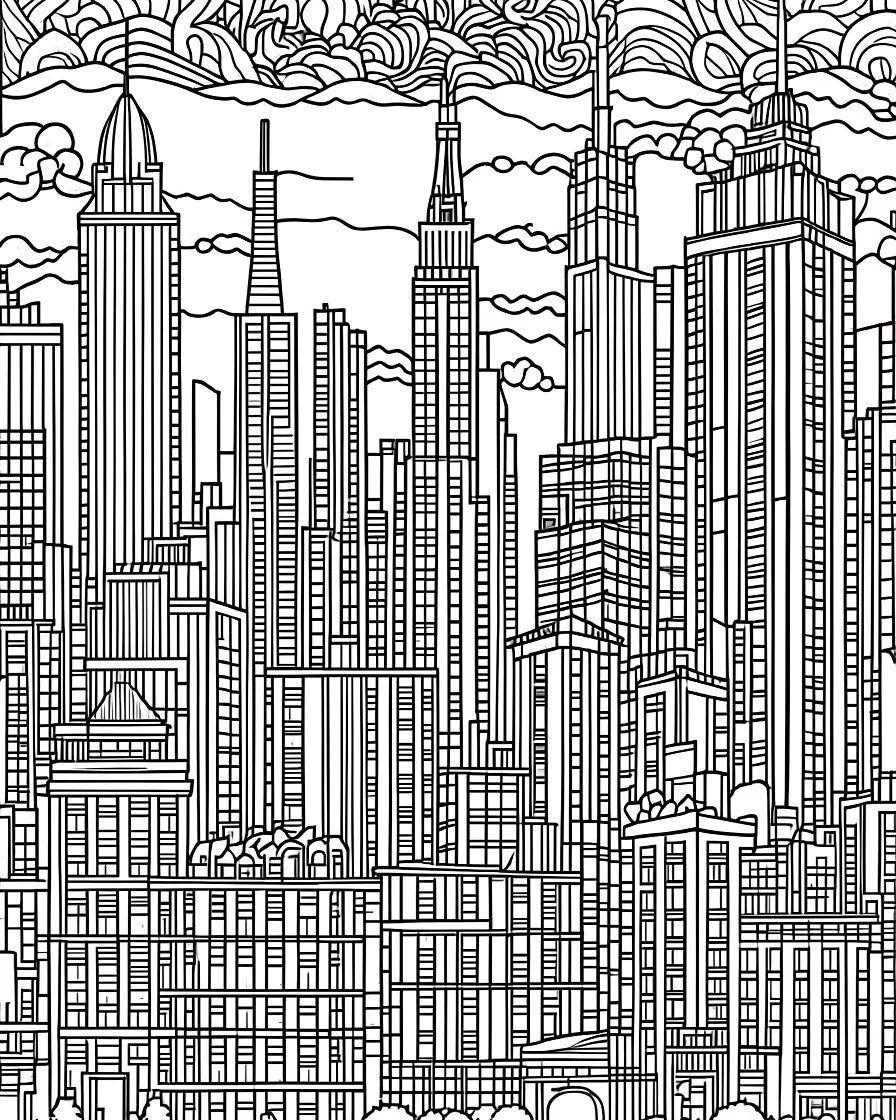 NewYork City coloring image , line art, realistic, white background