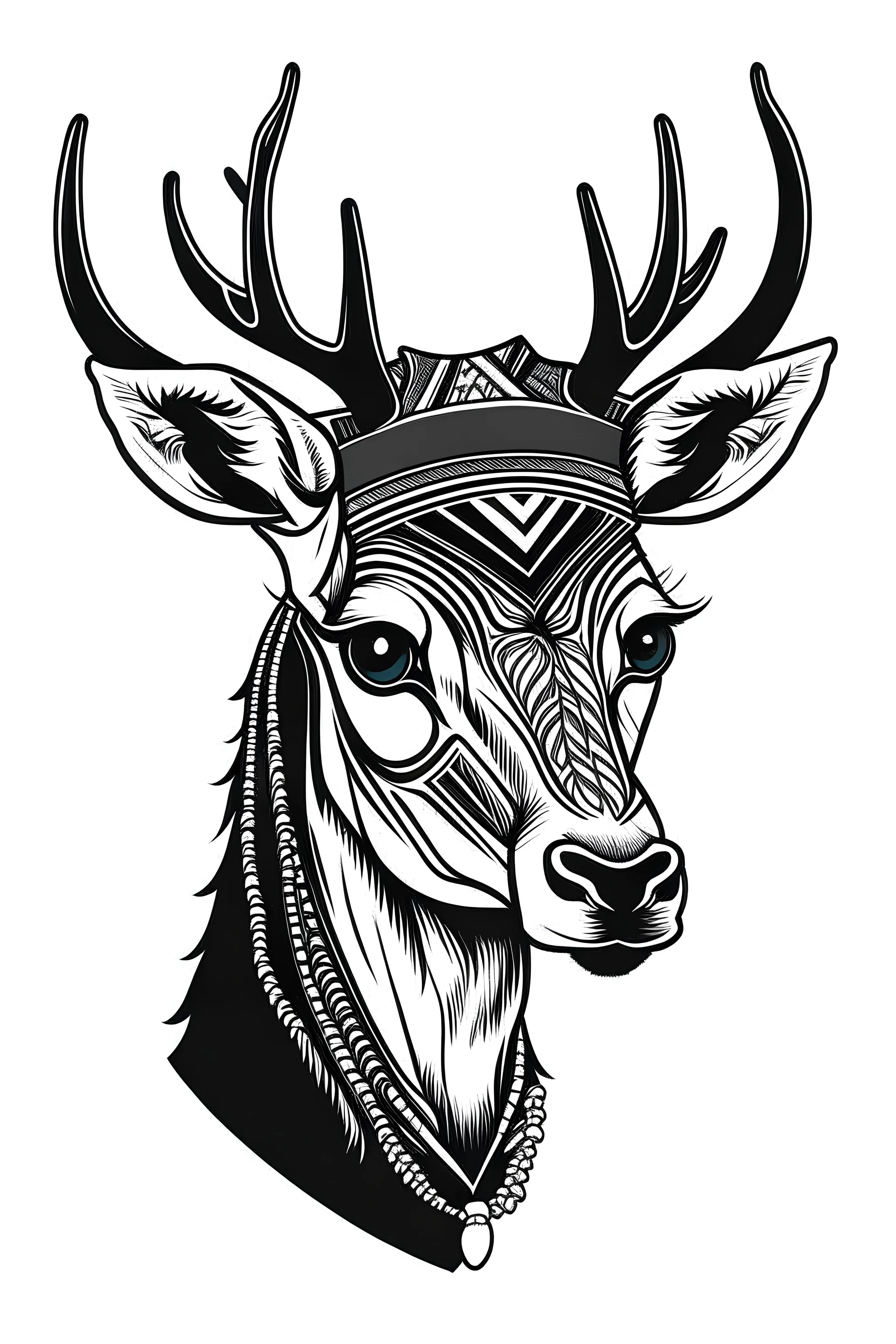 a deer dressed and with the hairstyle of Rastafari as black and white vector logo