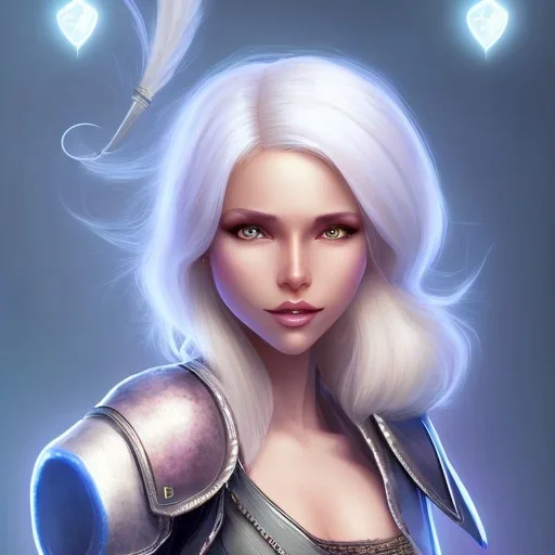 D&D character, female, cleric, platinum blonde hair, gold eyes, smile, blue armor