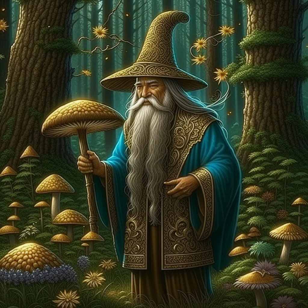 Wizard, painted, digital painting, 24k, high resolution, highly detailed, cozy, forest with leafs, mushrooms and flowers, smooth, art by JOHN STEPHENS