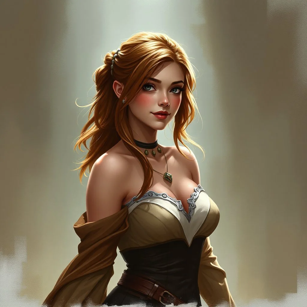 pretty girl, conventionally attractive, tight top, medieval, sorcerer, hazel hair, digital art