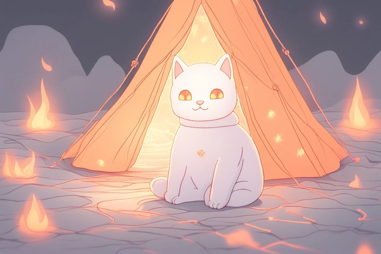 Against a dark cracked holographic marble background, a cute chibi plushy fluffy knitted and embroidered cat, tent, campfire, pond, mist and fog in sunshine, drawn in orange glowing neon lines. The cracks in the background are golden. Ethereal, cinematic postprocessing.