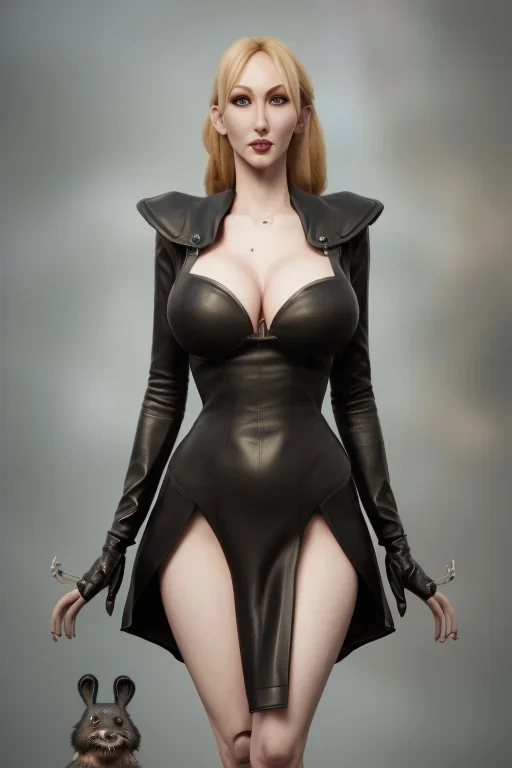 Brandi Love in black leather gown, evil, busty, cleavage, curvy, angry, happy, stern look. character design by cory loftis, fenghua zhong, ryohei hase, ismail inceoglu and ruan jia. unreal engine 5, artistic lighting, highly detailed, photorealistic, fantasy