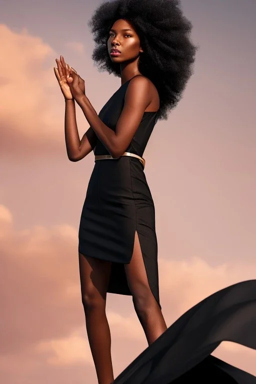 A portrait of a beautiful youthful black woman, wearing a black dress, long hair, black hair, wavy hair, wizard, magical, ethereal, soft bright lighting, Concept art by wlop, Ultra quality 8k, Fantasy.