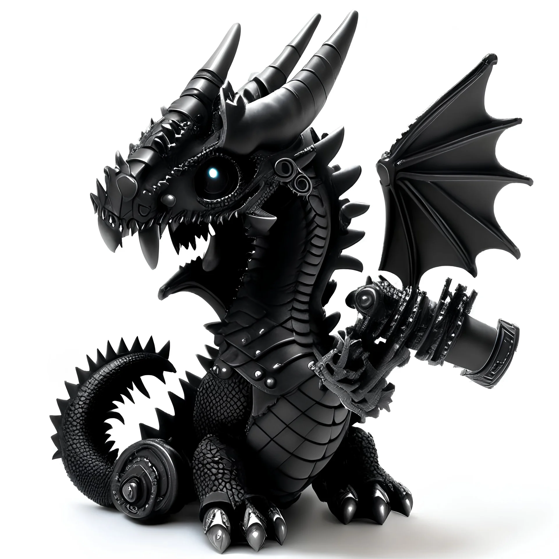 cute black metal dragon, cannon head, Two cannon hands