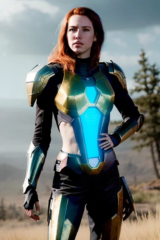 ultrarealistic, panoramic, concept art, strikingly beautiful (18 year old girl:1.2),_skimpy sci-fi armor_, Hair (long ginger:1.1), Face (freckles:1.2), body, medium breasts (light cleavage:1.2), tracing, ambient light, highres, (hyperrealistic:1.2), (perfect face:1.1), intricate (high detail:1.1) body, beautiful detailed eyes (emerald:1.3), _camera_, plump lips ,sci-fi theme, Model hash: ddc3021b