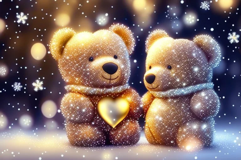 cute teddy bears holding hearts covered in sparkling gold glitter, beautiful winter composition, snowflakes, pine branches, Christmas ornaments and glowing Christmas lights