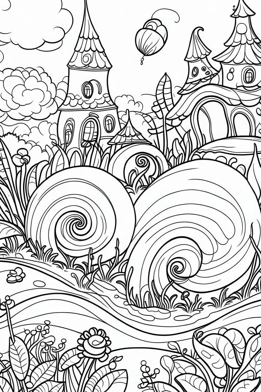 Outline art, snails in the garden, cartoon style, low detail, --ar 9:11