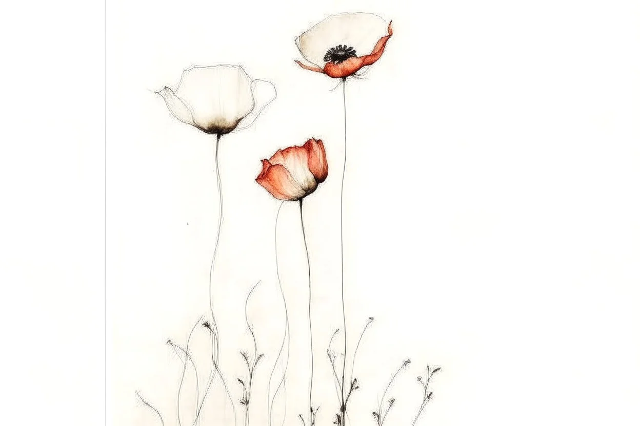 Minimalist ink pencil and charcoal drawing of poppies