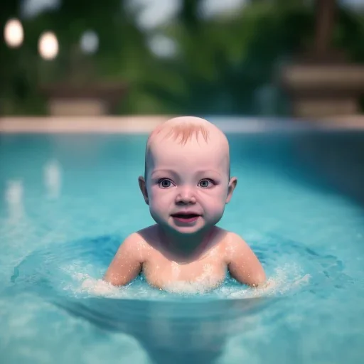 Baby swimming in pool unreal 5, octane render,cinema4d, dynamic lighting, dramatic lighting, 4k, redshift render, highly detailed, hyper realistic.