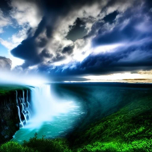 Epic cloud landscape, big waterfall, Ultra hd, 4k, Photography, hyperrealistic