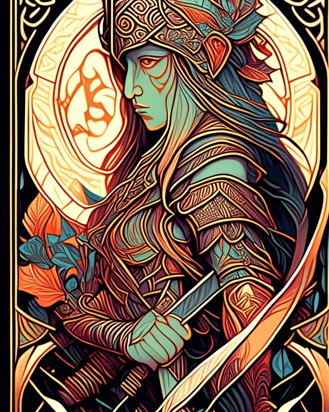 Elfo warrior centered | symmetrical | key visual | intricate | highly detailed | iconic | precise lineart | vibrant | comprehensive cinematic | alphonse mucha style illustration | very high resolution | sharp focus | poster | no watermarks full body