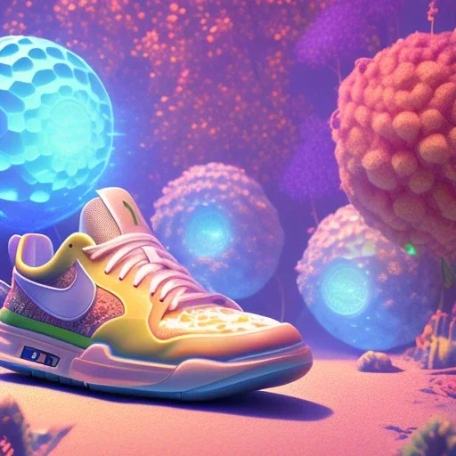 pixar style, volumetric summer garden environment and background, hyper realistic painting of futuristic puffer Nike sneaker, looking excited, volumetric lighting, dramatic lighting, detailed digital painting, anime, ornate, colour-saturated colors, chaotic, small minutiae, tiny features, particulars, centered, smooth, sharp focus, renderman gofur render, 8k, uhd, detailed eyes, realistic shaded volumetric lighting, sunlight caustics, backlight, centered camera view