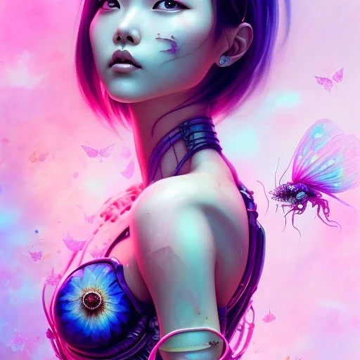  Asian woman, leaning pose, pink short hair, latex suit, Gradient background, style <Yoji Shinkawa>, Bones, watercolor illustration by <agnes cecile> butterflies everywhere, skulls, centipede, insects, nest, octopus, fly, squid, Dryad, plants, wildflower, intricate detail , rusty metal, ominous, portrait, high lighting,