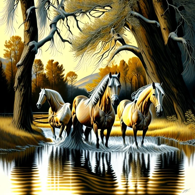 Three-horse ink graphic Palomino on the plain trees river full body hyperdetailed 4k