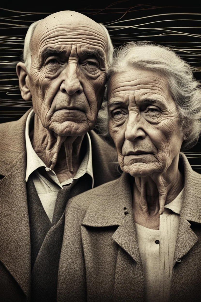 an old couple faces vintage photo with glich technique, grey-brown, defects, graininess, white noise, lines, scratches, glitch art , cinematic