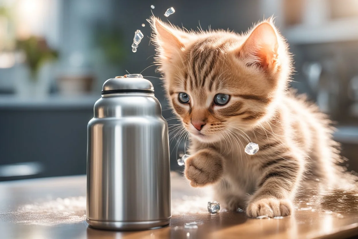 Cute tabby kitten sniffing ice water spilling from a thermos in a kitchen in the sunshine. Ice cubes and snowflakes.