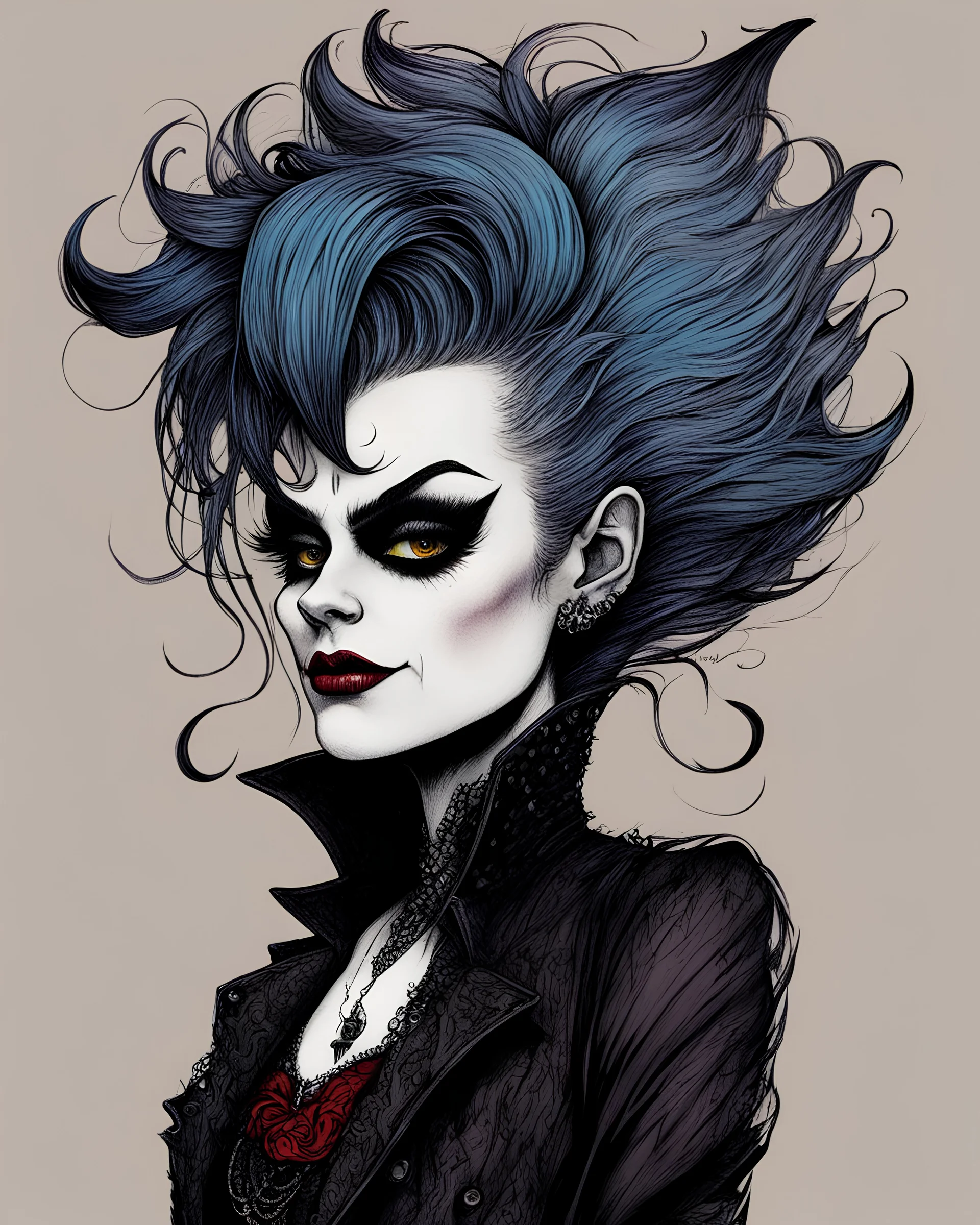 Maurice Sendak, Edward Gorey, and Ralph Steadman style, close up, full body, caricature portrait illustration, of a gothpunk vampire girl, with highly detailed hair and facial features, precisely drawn and inked in vibrant chromatic color