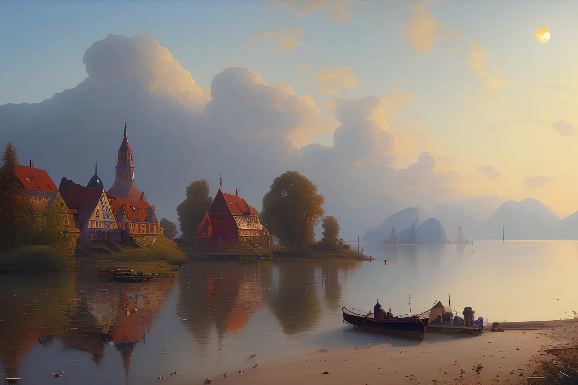 Peder Monk Monsted style, Danube beach, blue sky