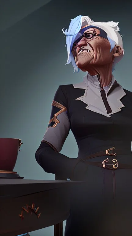 An old woman with white hair and an eye patch