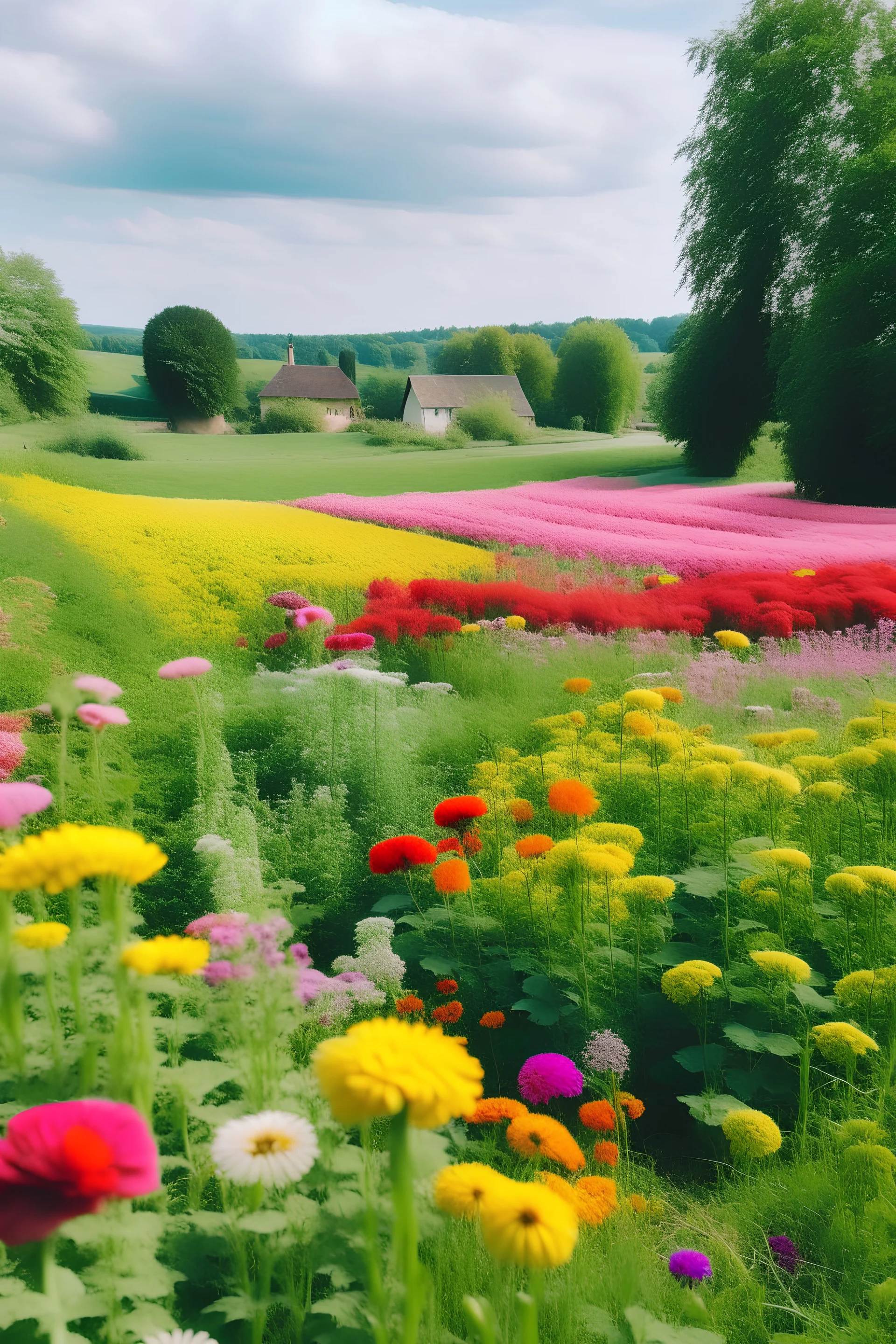 A wide, floral countryside view with cheerful colors in a post-Influencer school style