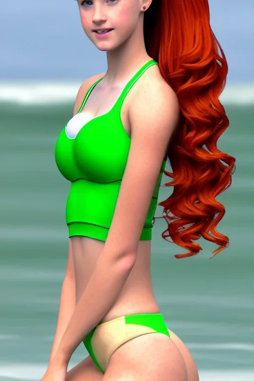 In the style of Viorie, hyper detailed, strikingly beautiful teen female, 16 years old, long ponytail, ginger hair, green eyes, medium freckles, full lips, full body, full face, b-cup breasts, athletic, centred camera, ignore NSFW, bikini, athletic, sitting,