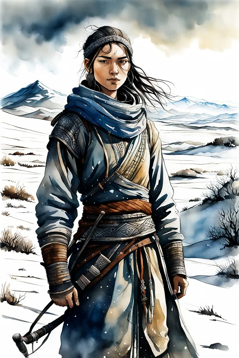 create in ink wash and watercolor, a young, otherworldly lost Siberian nomadic female huntress, fantasy art character, with highly detailed, sharply lined and deeply weathered facial features, outside her yurt in a desolate tundra steppe landscape , in natural winter tundra colors, 4k