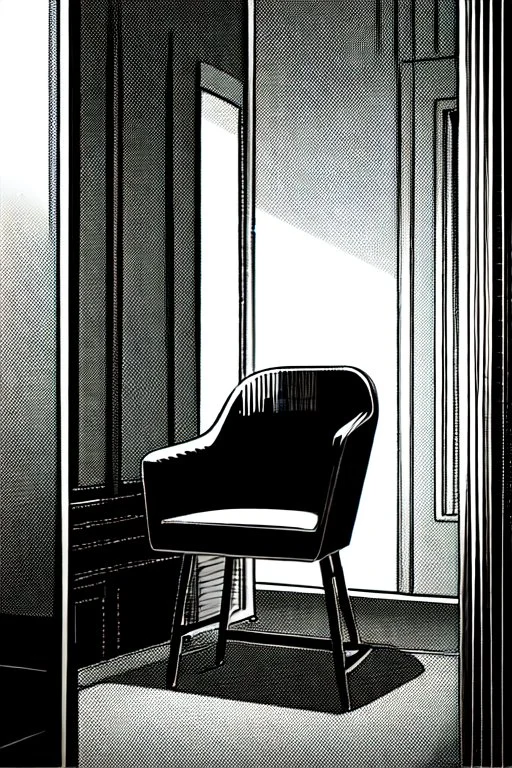 chair in the middle of an empty room, grayscale