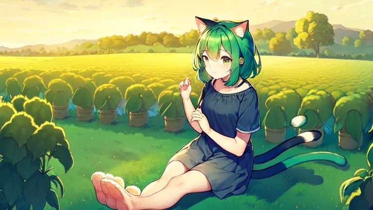 Girl, green hair, cat paws in hand, farm, sit, cat paws in feet